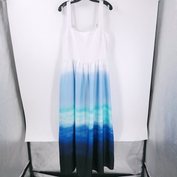 DKNY Sleeveless Printed Satin Maxi Dress Seafoam Ombre Adjustable Strap Womens L - Picture 2 of 10